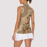 Brown Bula Fiji Women Sleeveless Polo Shirt Fijian Dance Fan Tapa Cloth Pattern