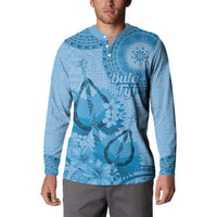 Blue Bula Fiji Button Sweatshirt Fijian Dance Fan Tapa Cloth Pattern
