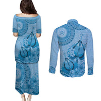 Blue Bula Fiji Couples Matching Puletasi and Long Sleeve Button Shirt Fijian Dance Fan Tapa Cloth Pattern