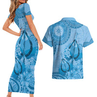 Blue Bula Fiji Couples Matching Short Sleeve Bodycon Dress and Hawaiian Shirt Fijian Dance Fan Tapa Cloth Pattern