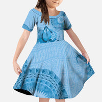 Blue Bula Fiji Family Matching Mermaid Dress and Hawaiian Shirt Fijian Dance Fan Tapa Cloth Pattern