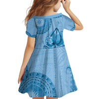 Blue Bula Fiji Family Matching Off Shoulder Short Dress and Hawaiian Shirt Fijian Dance Fan Tapa Cloth Pattern