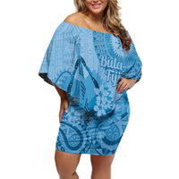 Blue Bula Fiji Family Matching Off Shoulder Short Dress and Hawaiian Shirt Fijian Dance Fan Tapa Cloth Pattern