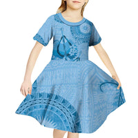 Blue Bula Fiji Kid Short Sleeve Dress Fijian Dance Fan Tapa Cloth Pattern