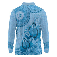 Blue Bula Fiji Long Sleeve Polo Shirt Fijian Dance Fan Tapa Cloth Pattern