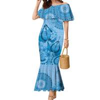 Blue Bula Fiji Mermaid Dress Fijian Dance Fan Tapa Cloth Pattern