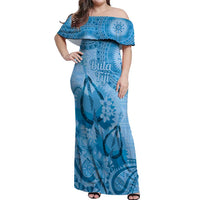Blue Bula Fiji Off Shoulder Maxi Dress Fijian Dance Fan Tapa Cloth Pattern