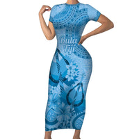 Blue Bula Fiji Short Sleeve Bodycon Dress Fijian Dance Fan Tapa Cloth Pattern