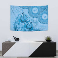 Blue Bula Fiji Tapestry Fijian Dance Fan Tapa Cloth Pattern