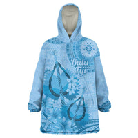 Blue Bula Fiji Wearable Blanket Hoodie Fijian Dance Fan Tapa Cloth Pattern
