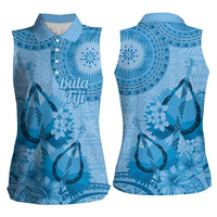 Blue Bula Fiji Women Sleeveless Polo Shirt Fijian Dance Fan Tapa Cloth Pattern