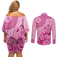 Pink Bula Fiji Couples Matching Off Shoulder Short Dress and Long Sleeve Button Shirt Fijian Dance Fan Tapa Cloth Pattern