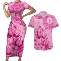Pink Bula Fiji Couples Matching Short Sleeve Bodycon Dress and Hawaiian Shirt Fijian Dance Fan Tapa Cloth Pattern
