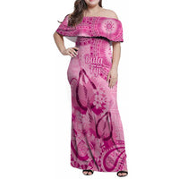 Pink Bula Fiji Family Matching Off Shoulder Maxi Dress and Hawaiian Shirt Fijian Dance Fan Tapa Cloth Pattern