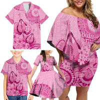 Pink Bula Fiji Family Matching Off Shoulder Short Dress and Hawaiian Shirt Fijian Dance Fan Tapa Cloth Pattern