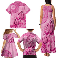 Pink Bula Fiji Family Matching Tank Maxi Dress and Hawaiian Shirt Fijian Dance Fan Tapa Cloth Pattern