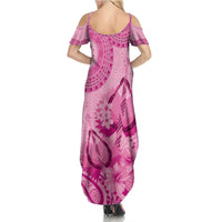 Pink Bula Fiji Summer Maxi Dress Fijian Dance Fan Tapa Cloth Pattern