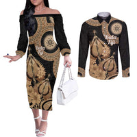 Black Bula Fiji Couples Matching Off The Shoulder Long Sleeve Dress and Long Sleeve Button Shirt Fijian Dance Fan Tapa Cloth Pattern
