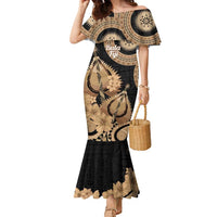 Black Bula Fiji Family Matching Mermaid Dress and Hawaiian Shirt Fijian Dance Fan Tapa Cloth Pattern