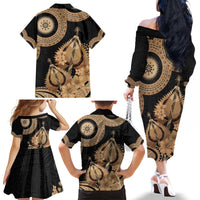 Black Bula Fiji Family Matching Off The Shoulder Long Sleeve Dress and Hawaiian Shirt Fijian Dance Fan Tapa Cloth Pattern