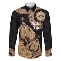 Black Bula Fiji Family Matching Off Shoulder Short Dress and Hawaiian Shirt Fijian Dance Fan Tapa Cloth Pattern