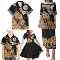 Black Bula Fiji Family Matching Puletasi and Hawaiian Shirt Fijian Dance Fan Tapa Cloth Pattern