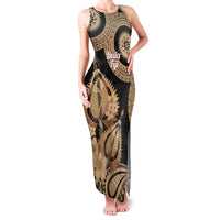 Black Bula Fiji Family Matching Tank Maxi Dress and Hawaiian Shirt Fijian Dance Fan Tapa Cloth Pattern