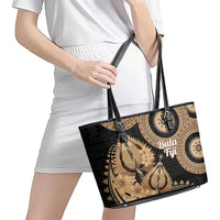 Black Bula Fiji Leather Tote Bag Fijian Dance Fan Tapa Cloth Pattern