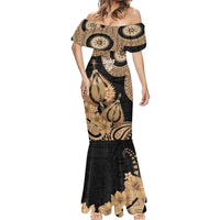 Black Bula Fiji Mermaid Dress Fijian Dance Fan Tapa Cloth Pattern