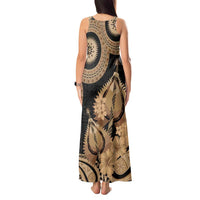 Black Bula Fiji Tank Maxi Dress Fijian Dance Fan Tapa Cloth Pattern