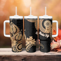 Black Bula Fiji Tumbler With Handle Fijian Dance Fan Tapa Cloth Pattern