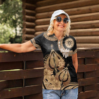 Black Bula Fiji Women Polo Shirt Fijian Dance Fan Tapa Cloth Pattern