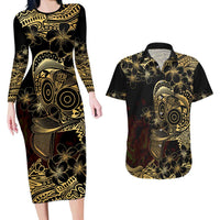 Frangipani Festival Rabaul Couples Matching Long Sleeve Bodycon Dress and Hawaiian Shirt PNG Tribal Baining Mask Tattoo - Polynesian Pride