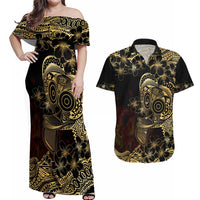 Frangipani Festival Rabaul Couples Matching Off Shoulder Maxi Dress and Hawaiian Shirt PNG Tribal Baining Mask Tattoo - Polynesian Pride