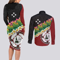 Frangipani Festival Rabaul East New Britain Couples Matching Long Sleeve Bodycon Dress and Long Sleeve Button Shirt Dukduk Dance With Plumeria - Polynesian Pride