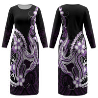 Purple Black Aloha Hawaii Couples Matching Long Sleeve Bodycon Dress and Hawaiian Shirt Polynesian Shark Tattoo Plumeria LT14 - Polynesian Pride