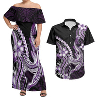 Purple Black Aloha Hawaii Couples Matching Off Shoulder Maxi Dress and Hawaiian Shirt Polynesian Shark Tattoo Plumeria LT14 Purple - Polynesian Pride