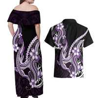 Purple Black Aloha Hawaii Couples Matching Off Shoulder Maxi Dress and Hawaiian Shirt Polynesian Shark Tattoo Plumeria
