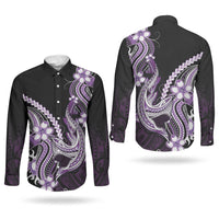 Purple Black Aloha Hawaii Couples Matching Puletasi and Long Sleeve Button Shirt Polynesian Shark Tattoo Plumeria LT14 - Polynesian Pride