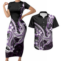 Purple Black Aloha Hawaii Couples Matching Short Sleeve Bodycon Dress and Hawaiian Shirt Polynesian Shark Tattoo Plumeria LT14 Purple - Polynesian Pride