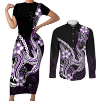 Purple Black Aloha Hawaii Couples Matching Short Sleeve Bodycon Dress and Long Sleeve Button Shirt Polynesian Shark Tattoo Plumeria LT14 Purple - Polynesian Pride