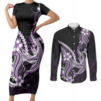Purple Black Aloha Hawaii Couples Matching Short Sleeve Bodycon Dress and Long Sleeve Button Shirt Polynesian Shark Tattoo Plumeria LT14 Purple - Polynesian Pride