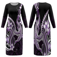 Purple Black Aloha Hawaii Family Matching Long Sleeve Bodycon Dress and Hawaiian Shirt Polynesian Shark Tattoo Plumeria LT14 Mom's Dress Purple - Polynesian Pride