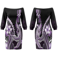 Purple Black Aloha Hawaii Family Matching Off The Shoulder Long Sleeve Dress and Hawaiian Shirt Polynesian Shark Tattoo Plumeria LT14 Mom's Dress Purple - Polynesian Pride