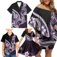 Purple Black Aloha Hawaii Family Matching Off Shoulder Short Dress and Hawaiian Shirt Polynesian Shark Tattoo Plumeria LT14 - Polynesian Pride
