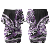Purple Black Aloha Hawaii Family Matching Off Shoulder Short Dress and Hawaiian Shirt Polynesian Shark Tattoo Plumeria LT14 Mom's Dress Purple - Polynesian Pride