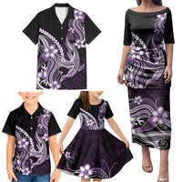 Purple Black Aloha Hawaii Family Matching Puletasi and Hawaiian Shirt Polynesian Shark Tattoo Plumeria LT14 - Polynesian Pride