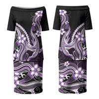 Purple Black Aloha Hawaii Family Matching Puletasi and Hawaiian Shirt Polynesian Shark Tattoo Plumeria LT14 Mom's Dress Purple - Polynesian Pride