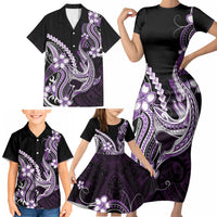 Purple Black Aloha Hawaii Family Matching Short Sleeve Bodycon Dress and Hawaiian Shirt Polynesian Shark Tattoo Plumeria LT14 - Polynesian Pride