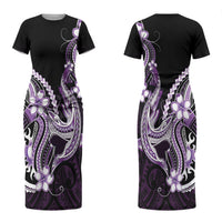 Purple Black Aloha Hawaii Family Matching Short Sleeve Bodycon Dress and Hawaiian Shirt Polynesian Shark Tattoo Plumeria LT14 Mom's Dress Purple - Polynesian Pride
